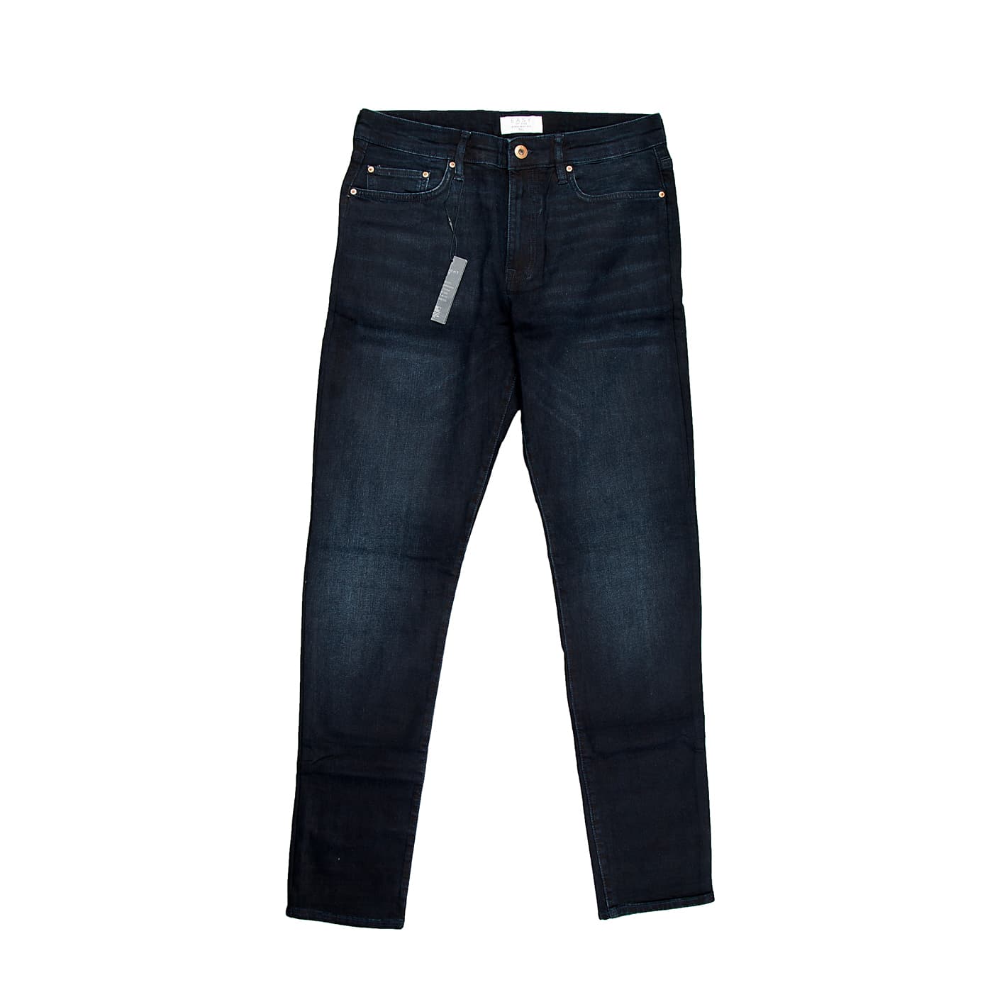 These are a pair of classic five-pocket, slim-fit jeans featuring a contemporary dark wash with subtle fading for a modern, worn-in look.