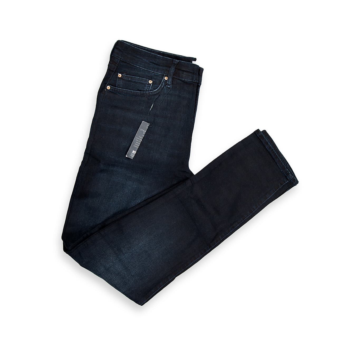 These are a pair of classic five-pocket, slim-fit jeans featuring a contemporary dark wash with subtle fading for a modern, worn-in look.