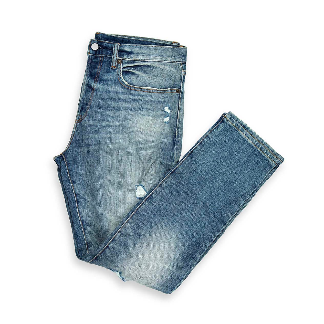 These versatile jeans are designed for all-day comfort and effortless style. Featuring a classic medium blue wash with natural fading and whiskering, they offer a casual, worn-in appearance.