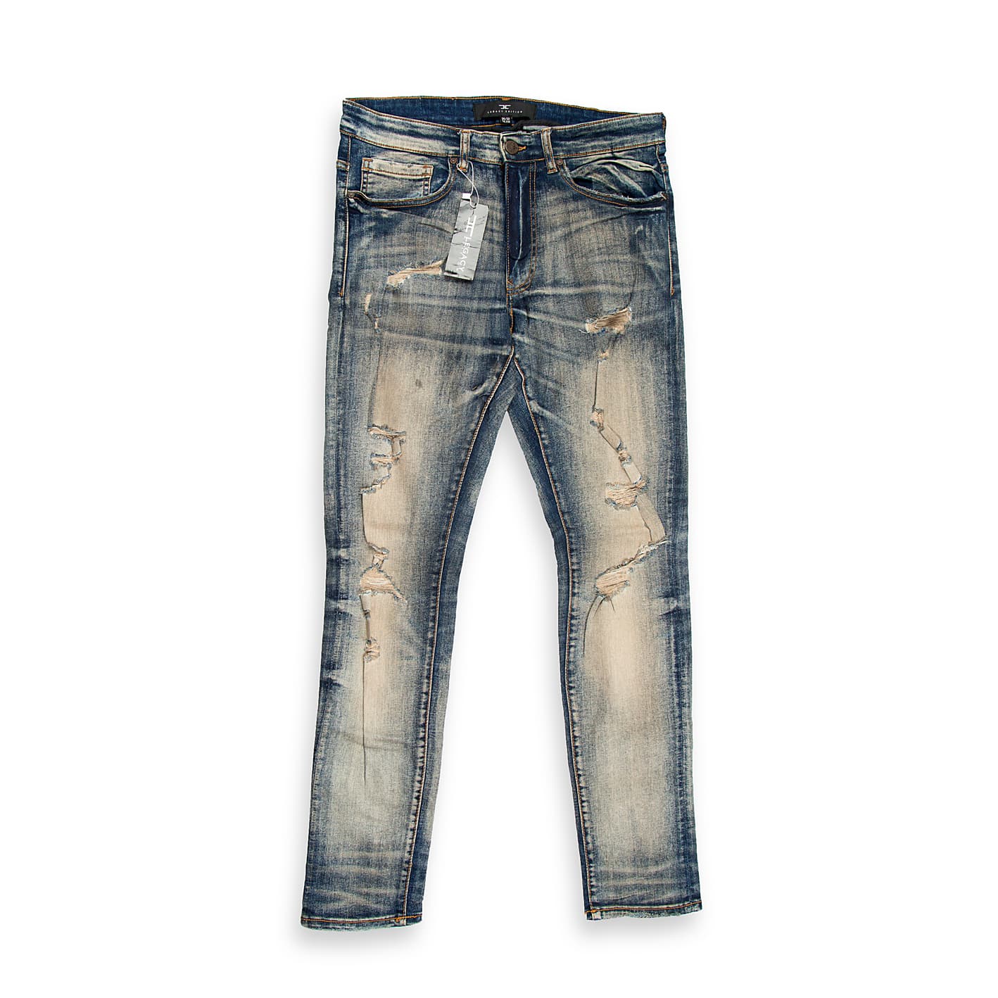 They feature an intense light blue/grey acid wash with a heavily bleached, almost marbleized texture, giving them a strong vintage 80s/90s grunge aesthetic.