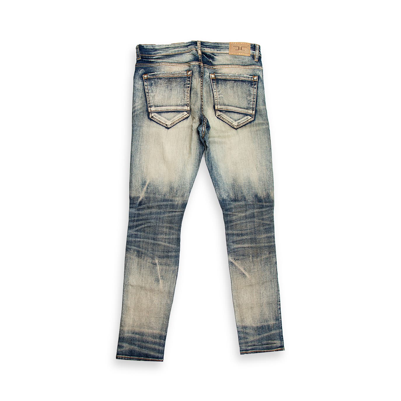 They feature an intense light blue/grey acid wash with a heavily bleached, almost marbleized texture, giving them a strong vintage 80s/90s grunge aesthetic.