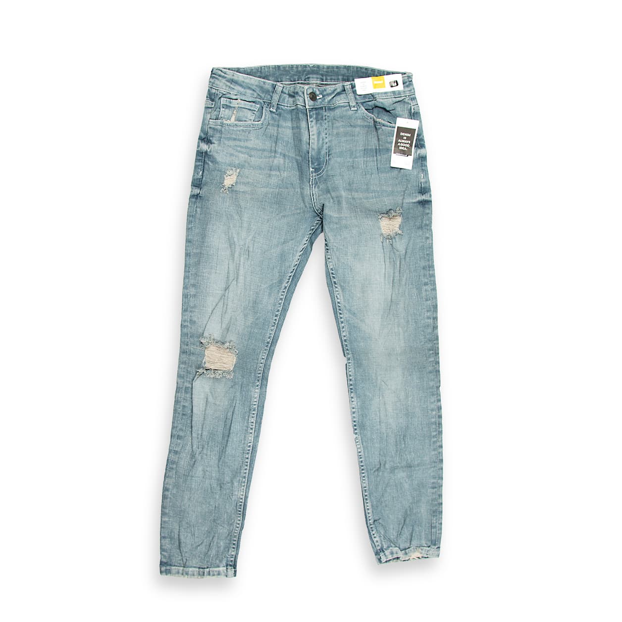 These are a pair of slim-fit denim jeans featuring a contemporary light-wash finish. They have a mid-rise waist and a tapered leg that runs slim through the thigh and calf.