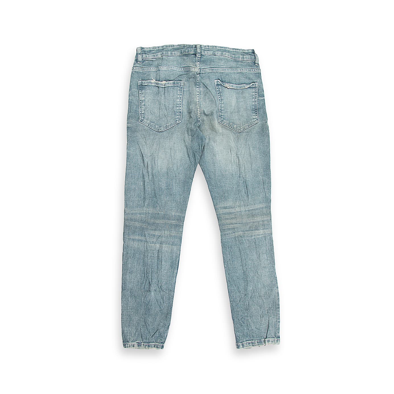 These are a pair of slim-fit denim jeans featuring a contemporary light-wash finish. They have a mid-rise waist and a tapered leg that runs slim through the thigh and calf.