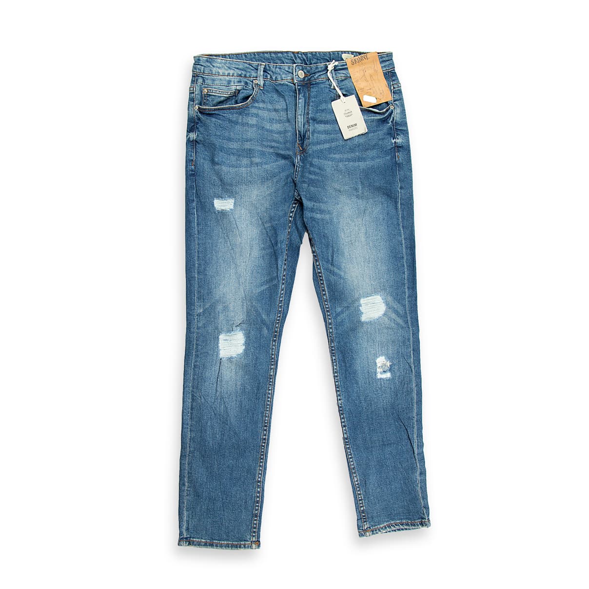 These are a pair of straight-fit denim jeans featuring a classic mid-blue wash with natural-looking fading and whiskering.