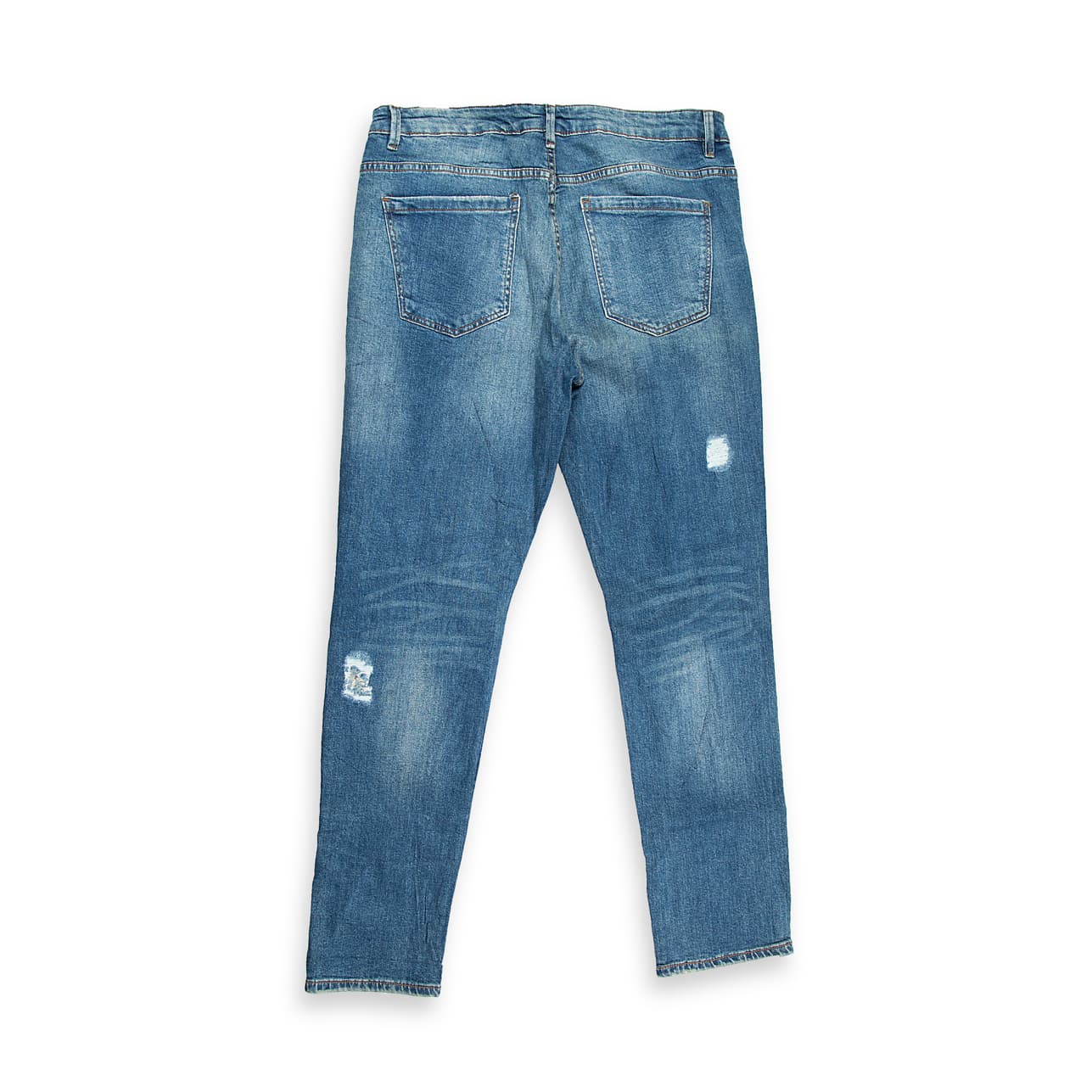 These are a pair of straight-fit denim jeans featuring a classic mid-blue wash with natural-looking fading and whiskering.