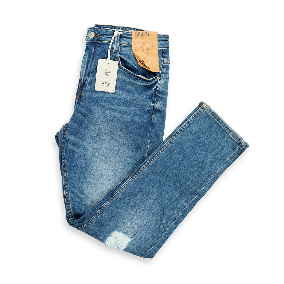 These are a pair of straight-fit denim jeans featuring a classic mid-blue wash with natural-looking fading and whiskering.