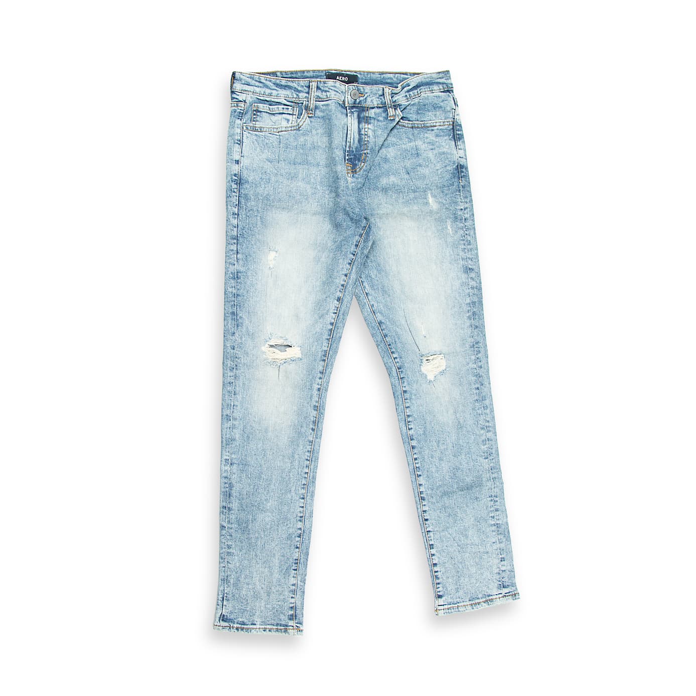 These are a pair of skinny-fit jeans featuring a striking high-contrast acid wash (or mineral/snow wash). The wash results in a dramatic pattern of light blue/near-white spots and streaks against a medium blue denim base, giving them a retro, yet edgy aesthetic.