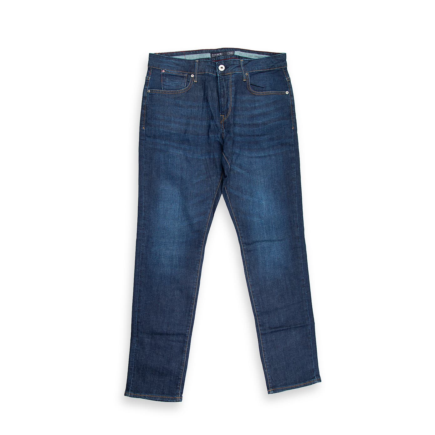 These are a pair of slim-straight fit jeans in a deep, rich dark indigo blue wash. The denim has a clean, saturated appearance with only subtle, natural whiskering and fading on the upper thighs, providing depth without the distraction of heavy distressing.