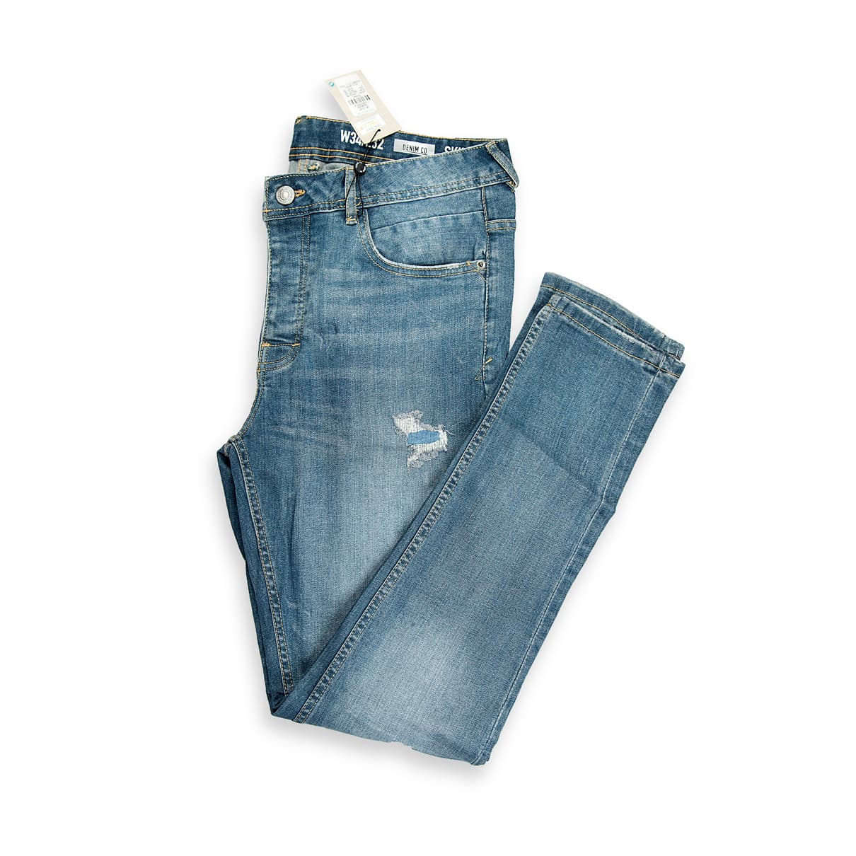 These are a pair of slim-fit denim jeans in a contemporary mid-blue wash. The denim features subtle fading and light whiskering, giving them a slightly broken-in look.