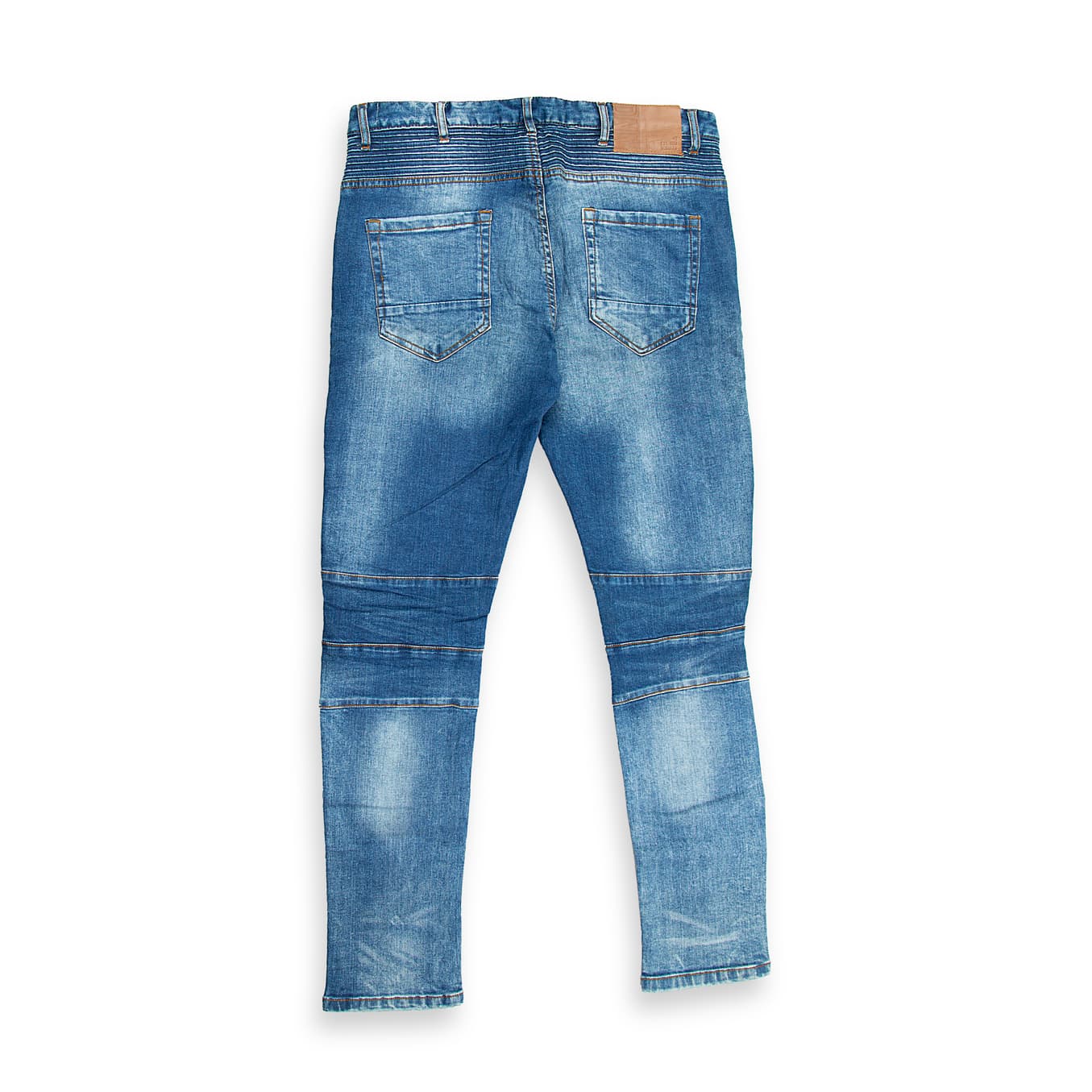 These are a pair of slim-fit moto jeans in a medium-blue wash with natural fading and whiskering across the front.
