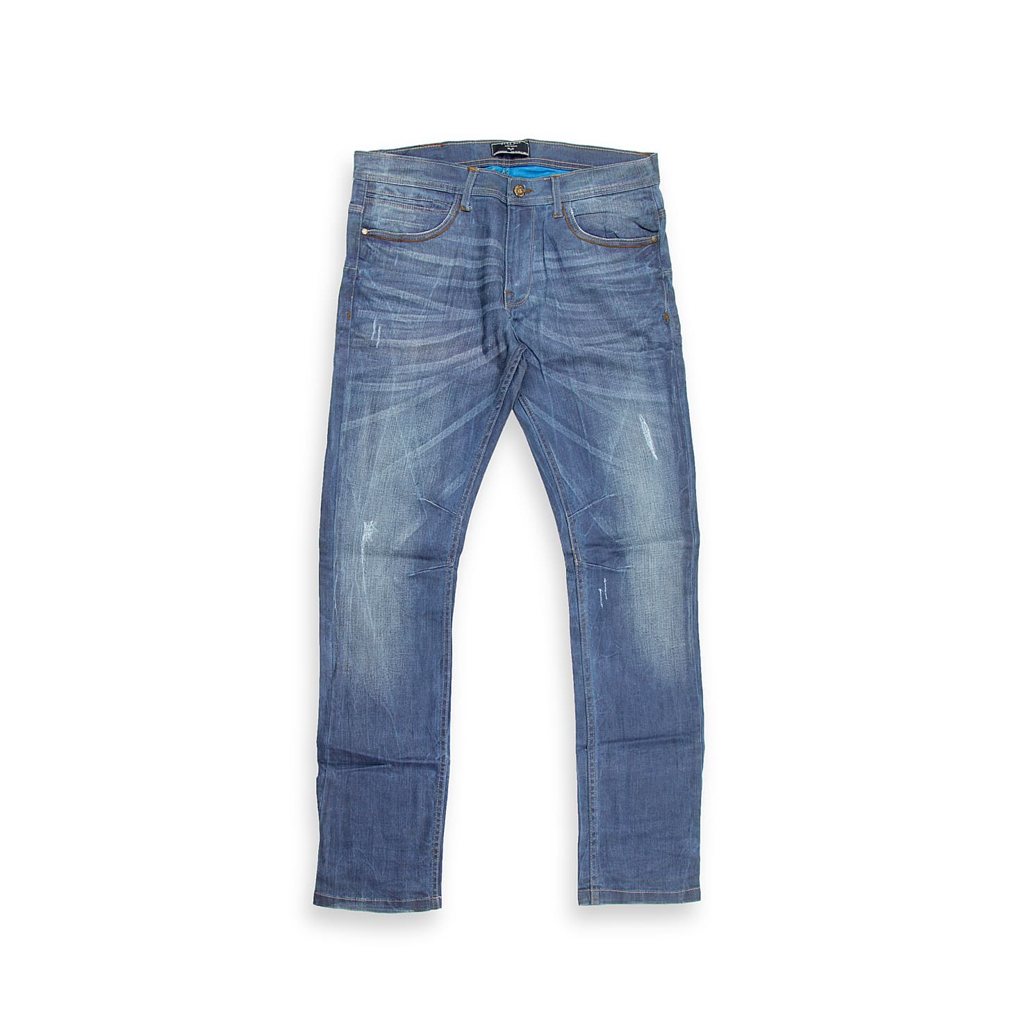 These are a pair of straight-fit jeans in a sophisticated medium blue wash that has been heavily washed and treated to achieve a premium, vintage-like fade.