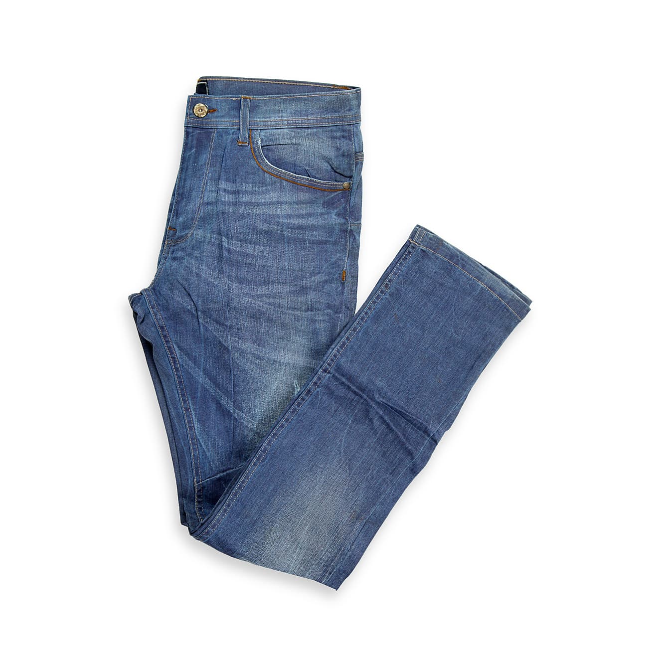 These are a pair of straight-fit jeans in a sophisticated medium blue wash that has been heavily washed and treated to achieve a premium, vintage-like fade.