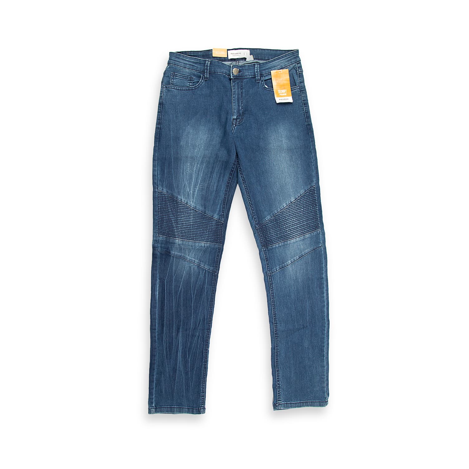 These are a pair of slim-fit moto jeans in a saturated dark blue/indigo wash. The denim has subtle fading and whiskering primarily on the thighs.
