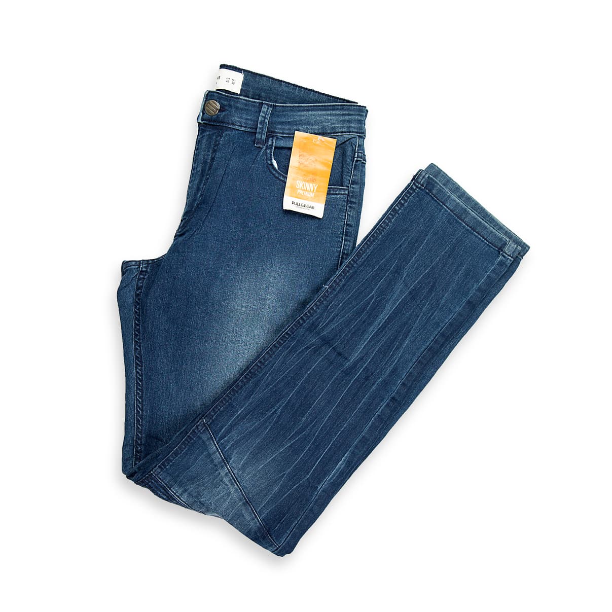 These are a pair of slim-fit moto jeans in a saturated dark blue/indigo wash. The denim has subtle fading and whiskering primarily on the thighs.