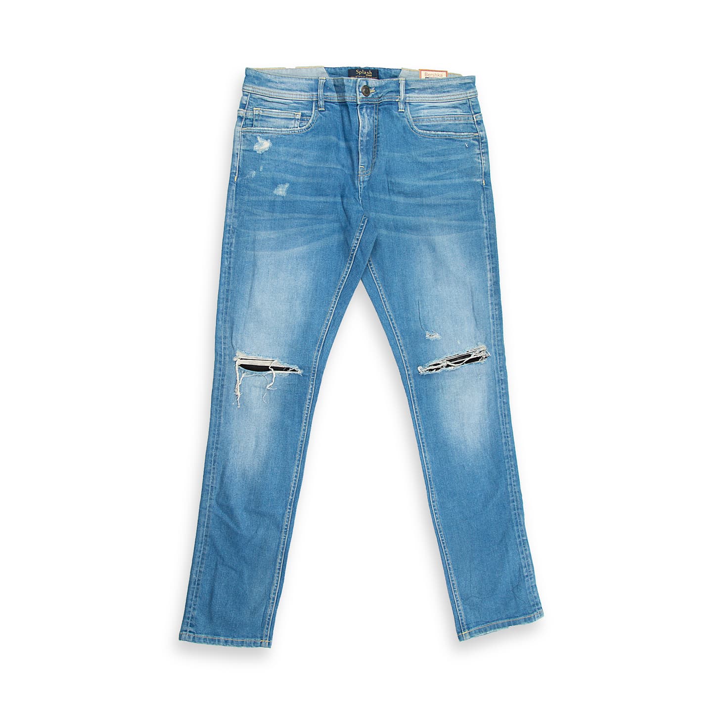 These are stylish, slim-fit denim jeans featuring a classic mid-wash blue finish.