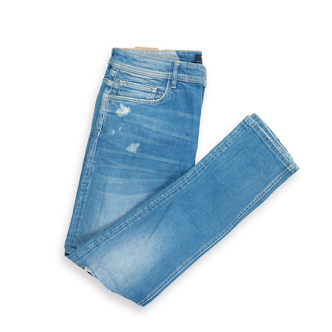 These are stylish, slim-fit denim jeans featuring a classic mid-wash blue finish.