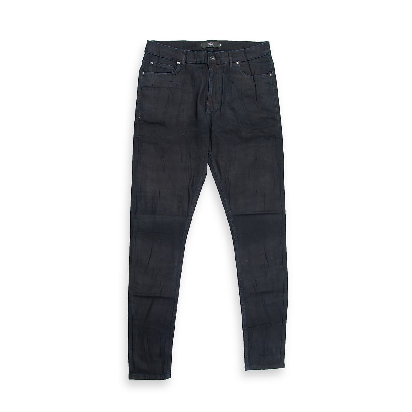 These are sleek, modern skinny-fit jeans characterized by their deep, saturated black or near-black finish.