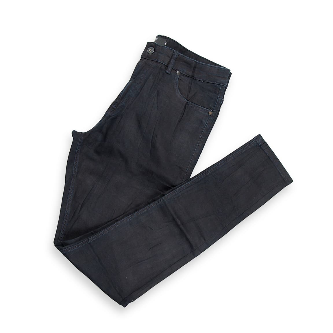 These are sleek, modern skinny-fit jeans characterized by their deep, saturated black or near-black finish.