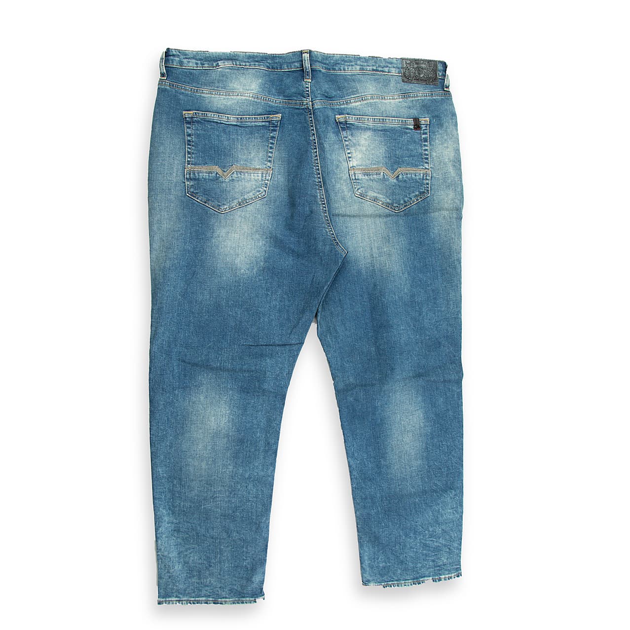 Mid-Blue Distressed Tapered Fit Men's Jeans with Whiskering