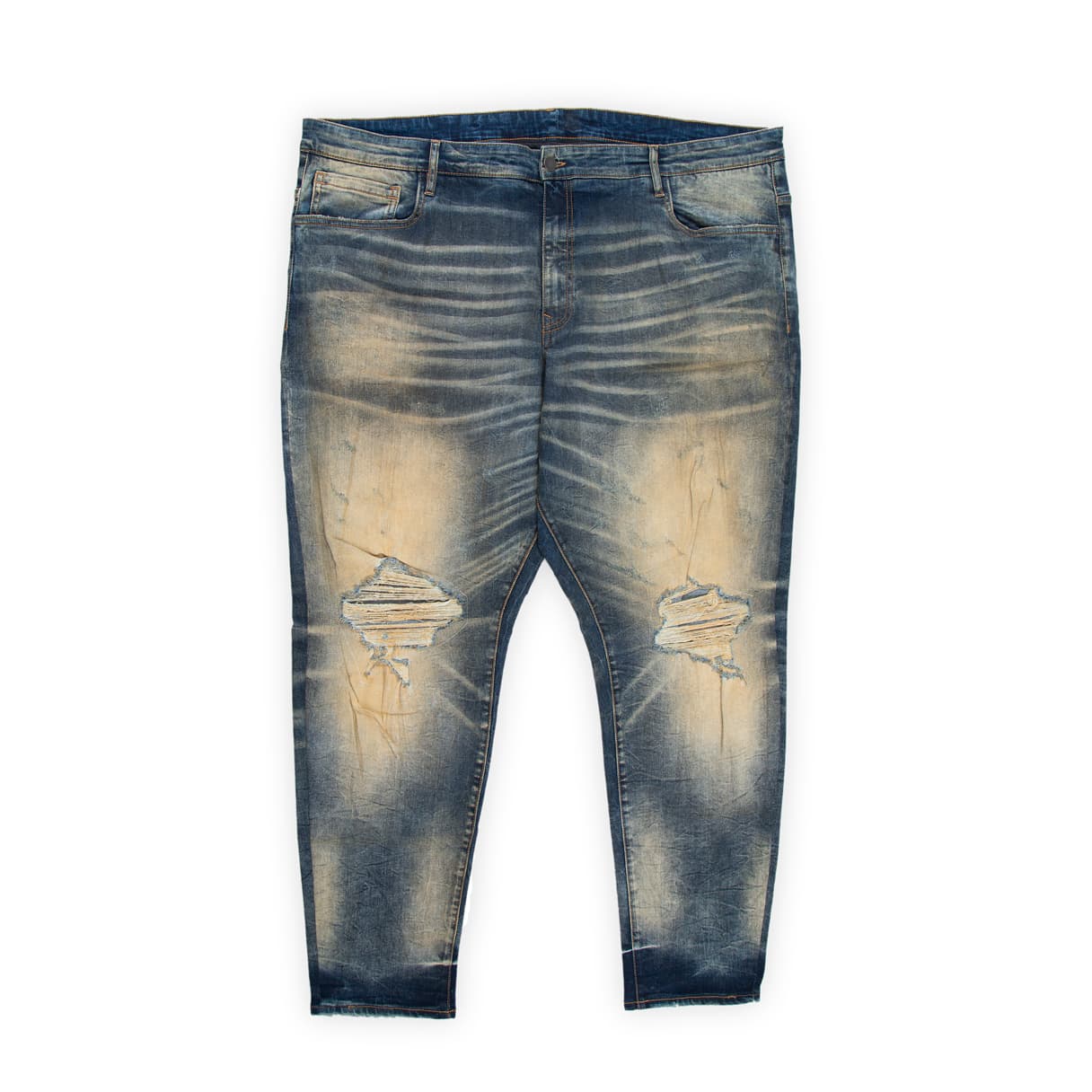 A distinctive and comfortable pair of men's jeans, cut for plus-sizes indicated by the wider waist and relaxed fit.