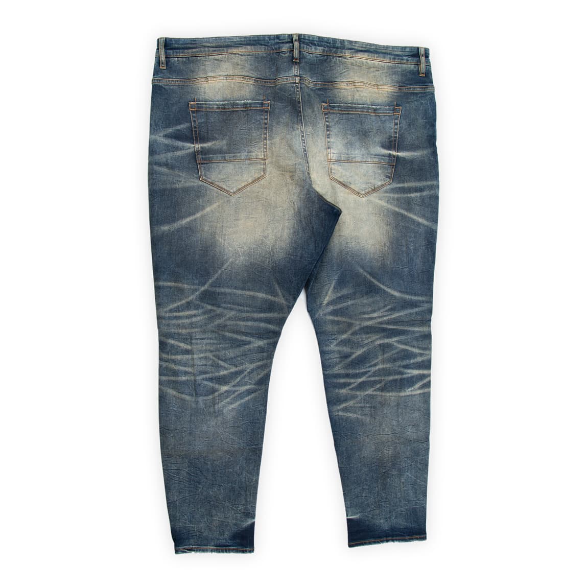 A distinctive and comfortable pair of men's jeans, cut for plus-sizes indicated by the wider waist and relaxed fit.