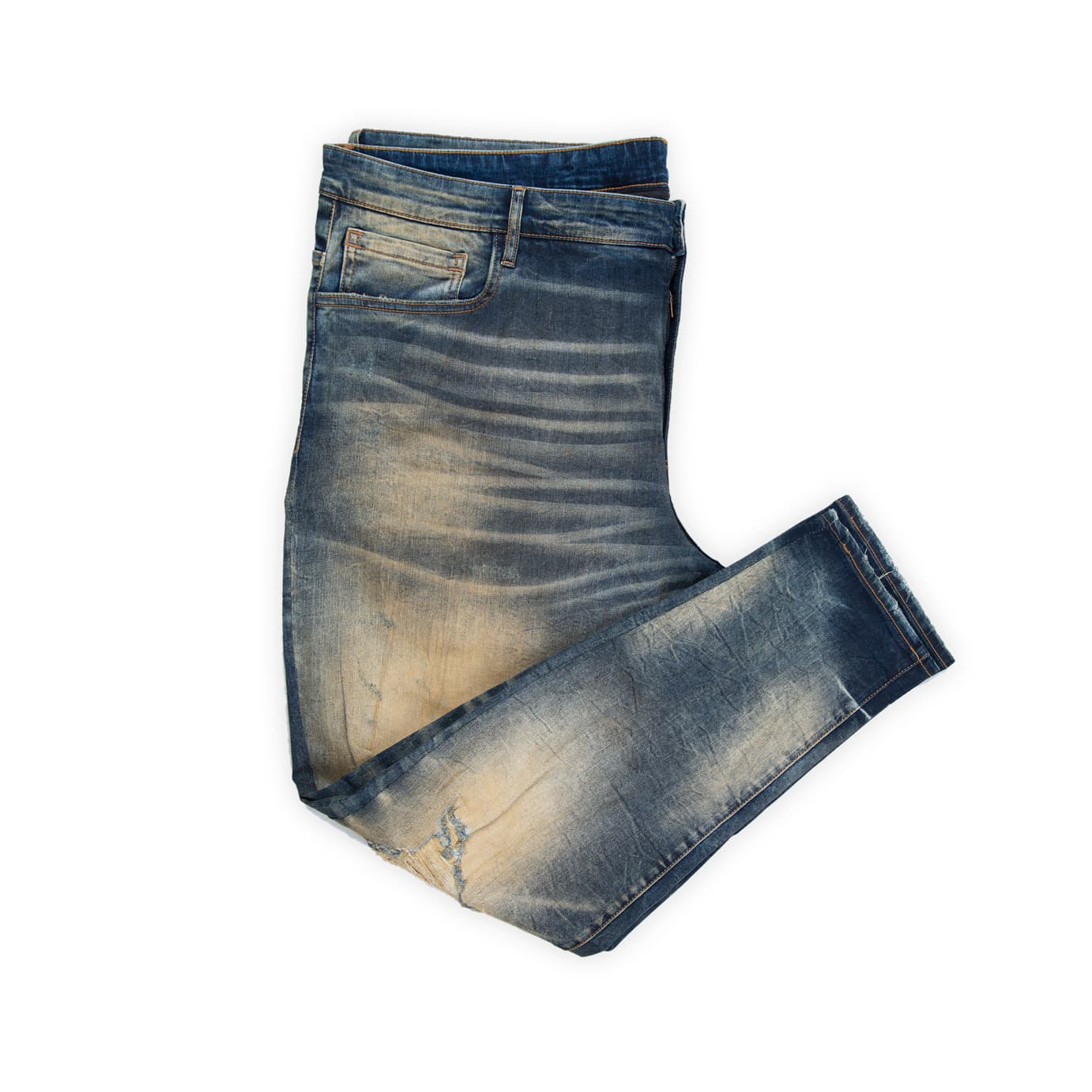 A distinctive and comfortable pair of men's jeans, cut for plus-sizes indicated by the wider waist and relaxed fit.