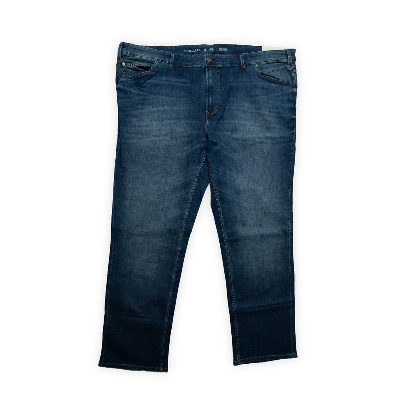 They feature a classic medium-blue wash with subtle, even fading across the thigh and seat.