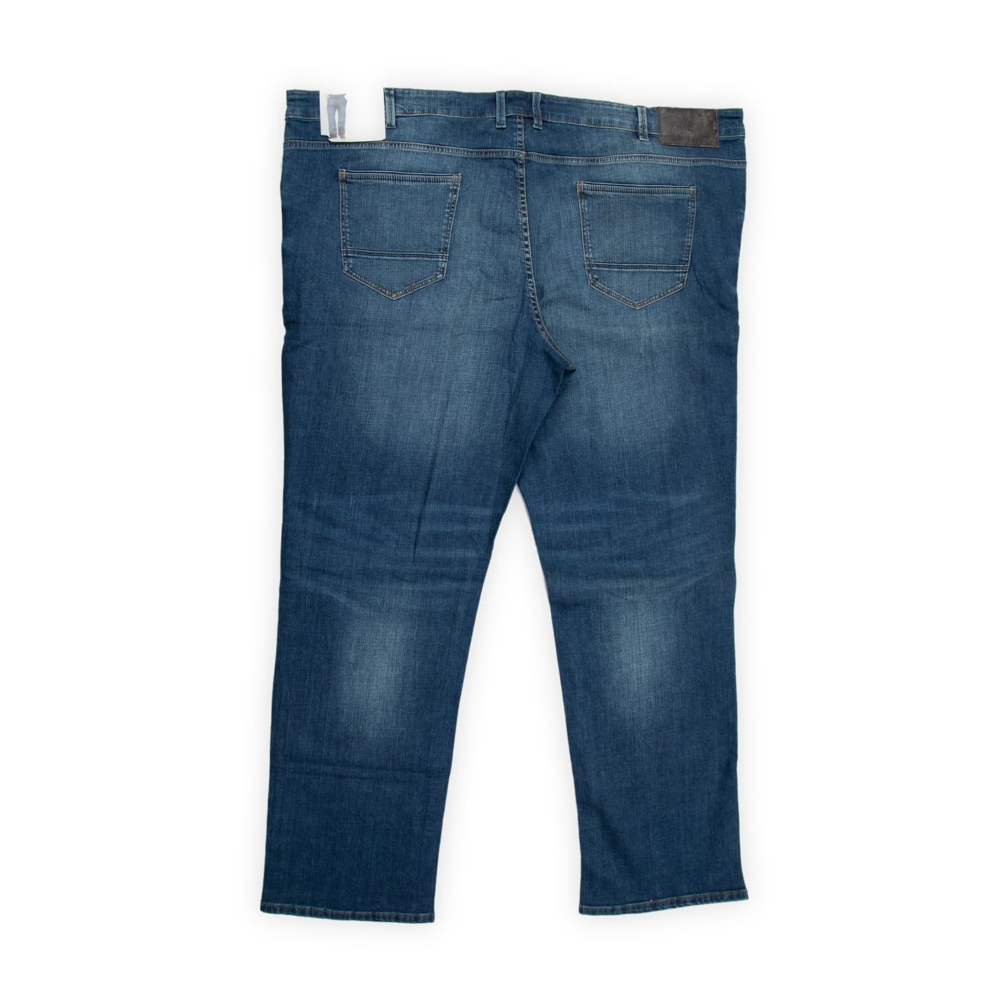 They feature a classic medium-blue wash with subtle, even fading across the thigh and seat.