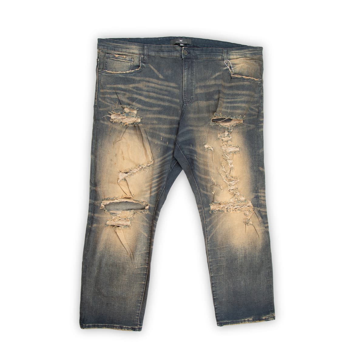 They feature an intense vintage blue wash with extremely heavy fading and prominent yellow/tan undertones, giving them a heavily aged, rugged look.