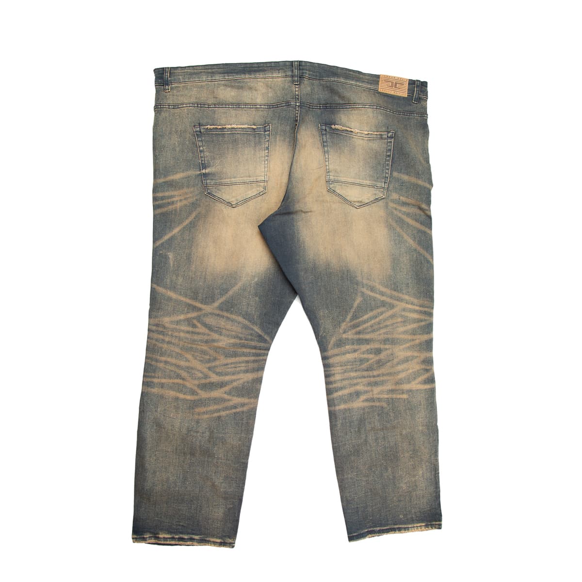 They feature an intense vintage blue wash with extremely heavy fading and prominent yellow/tan undertones, giving them a heavily aged, rugged look.