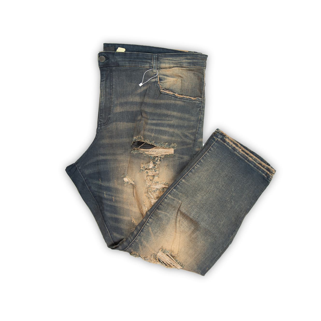 They feature an intense vintage blue wash with extremely heavy fading and prominent yellow/tan undertones, giving them a heavily aged, rugged look.