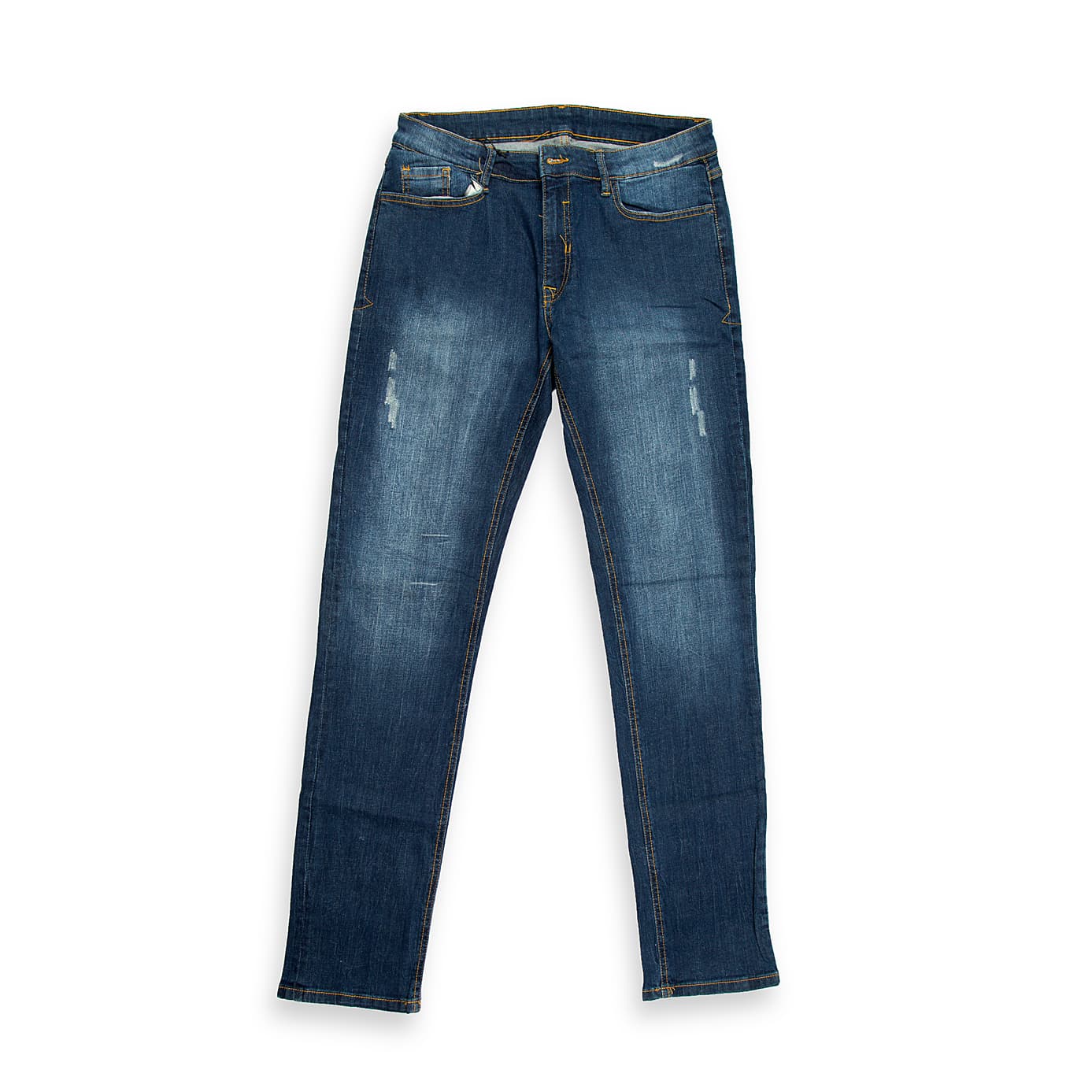 These five-pocket jeans boast a stylish wash that transitions from dark indigo at the seams to a lighter medium blue through the thigh, enhanced by subtle whiskering and light fading.