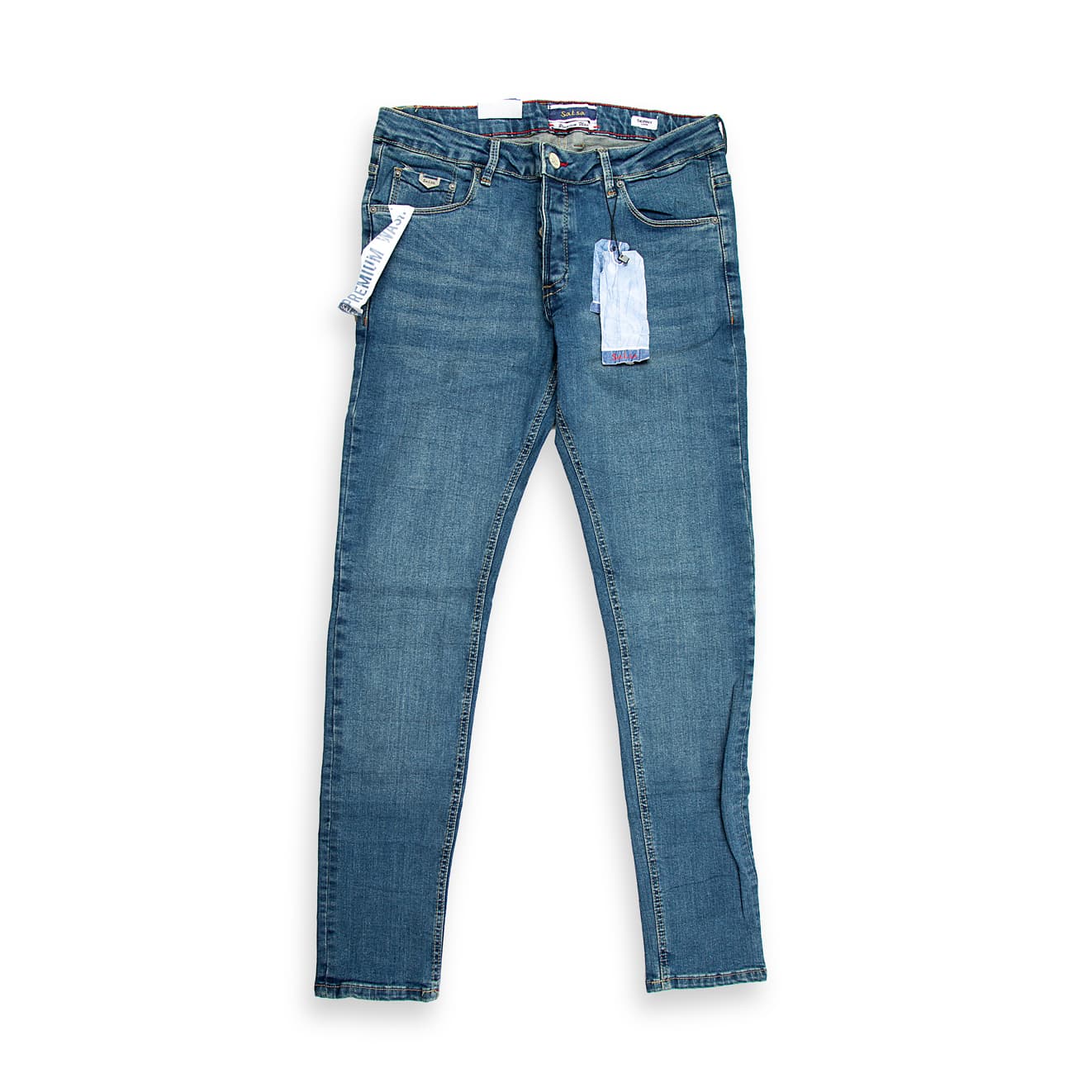 An essential pair of five-pocket jeans featuring a timeless, medium blue wash with minimal fading for a clean, versatile look.