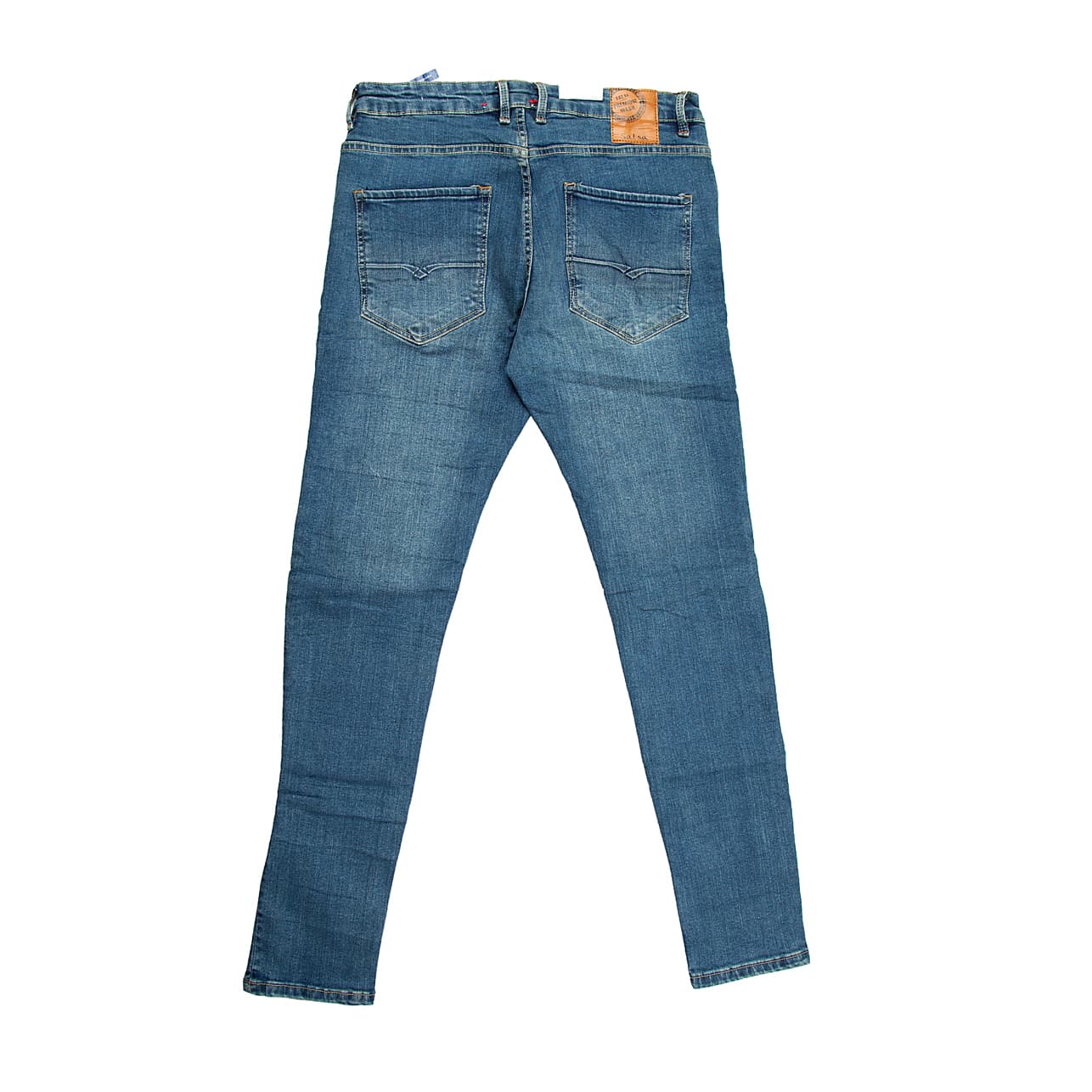 An essential pair of five-pocket jeans featuring a timeless, medium blue wash with minimal fading for a clean, versatile look.