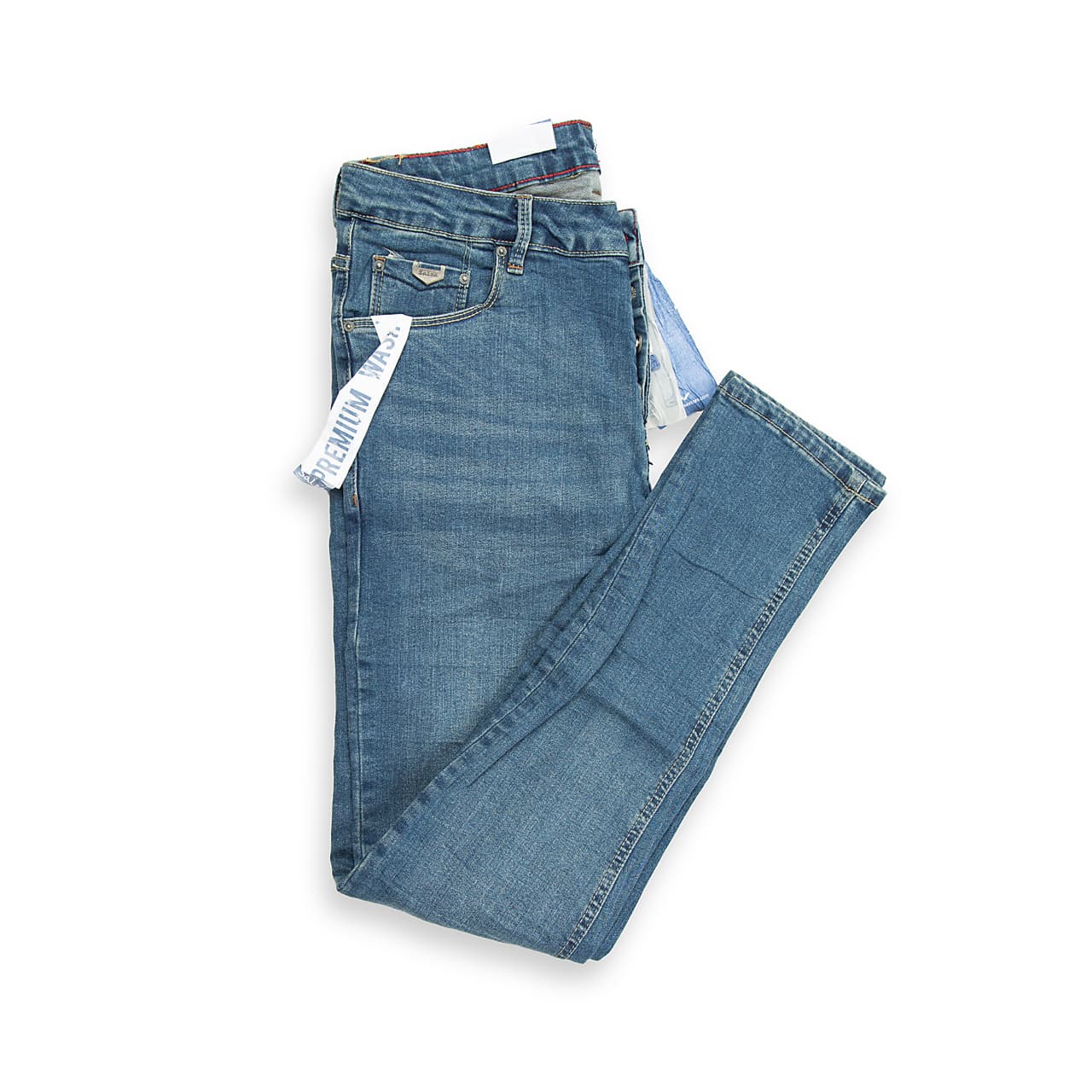 An essential pair of five-pocket jeans featuring a timeless, medium blue wash with minimal fading for a clean, versatile look.