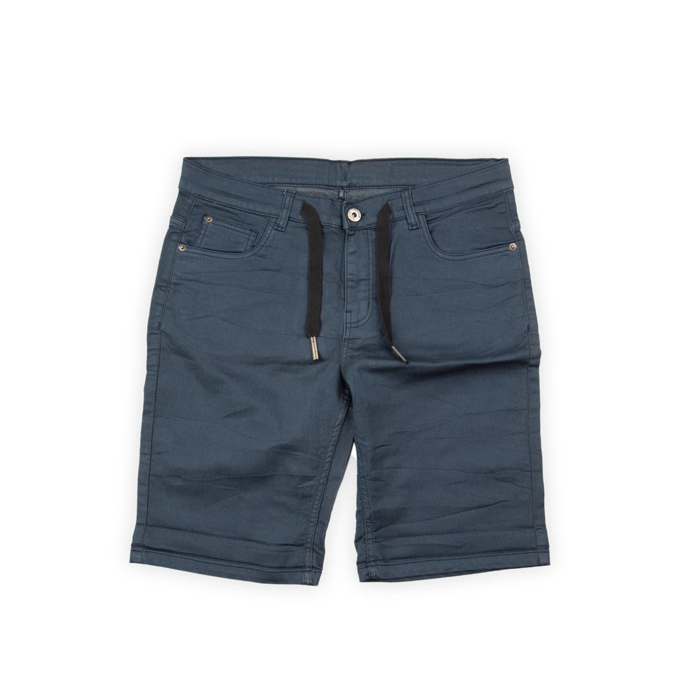 These versatile shorts offer a blend of casual style and tailored comfort. They are made from a solid, uniform dark blue/grey fabric (likely a washed cotton or chino material, possibly denim-like but non-traditional denim texture).