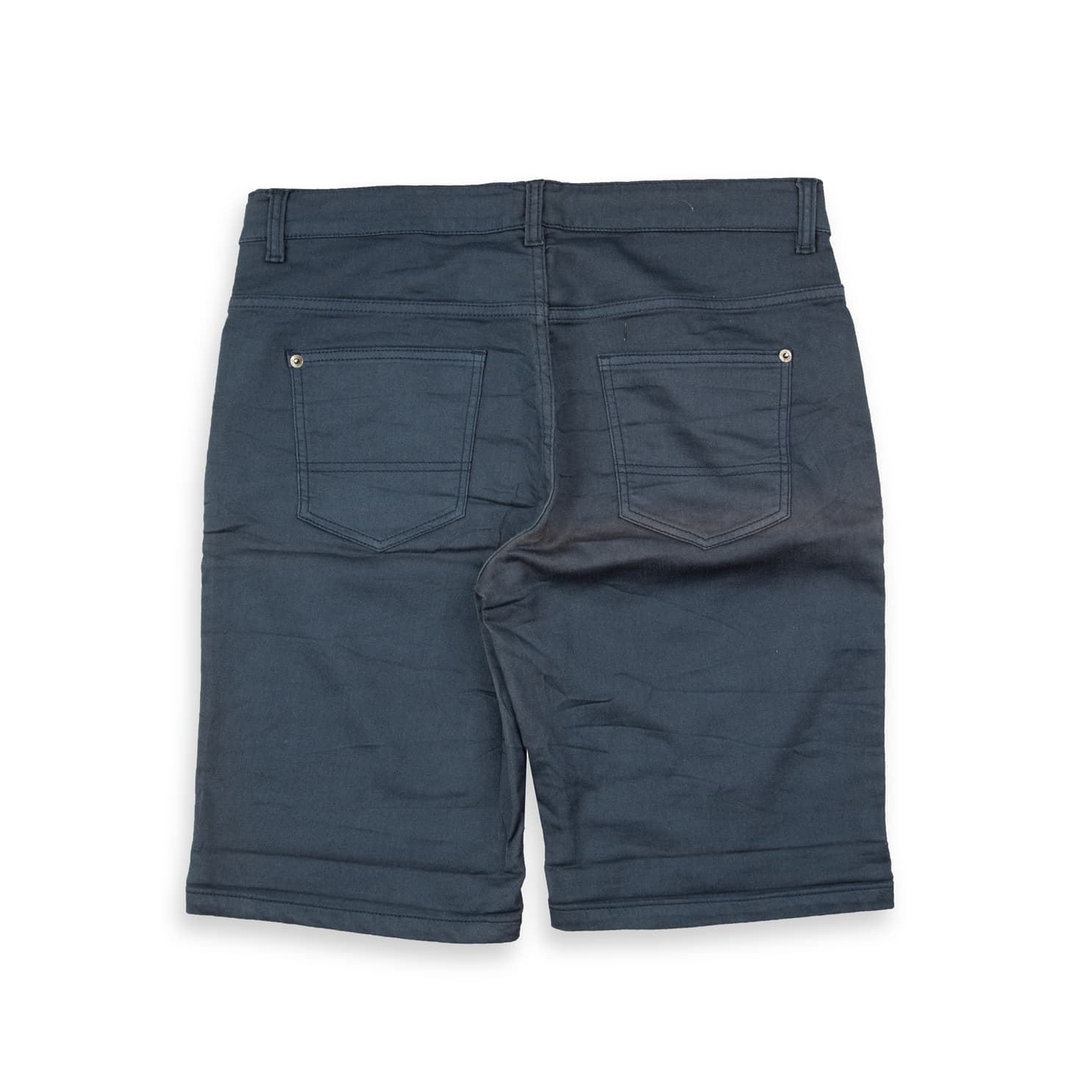 These versatile shorts offer a blend of casual style and tailored comfort. They are made from a solid, uniform dark blue/grey fabric likely a washed cotton or chino material, possibly denim-like but non-traditional denim texture.