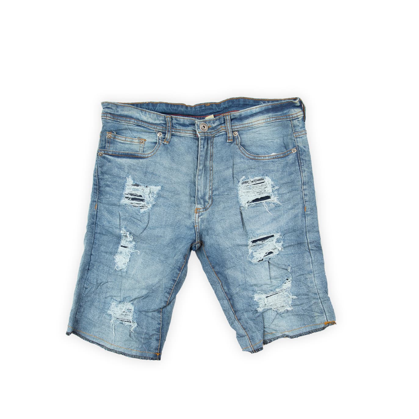 These shorts are designed for an edgy, relaxed summer look. They feature a pale, light blue wash with natural fading and a pronounced crinkle/wrinkle effect across the fabric.