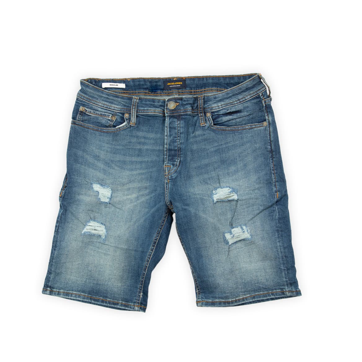 These classic denim shorts are a versatile and stylish choice for casual summer wear. They feature a medium blue wash with natural fading and whiskering, giving them a slightly worn-in look.