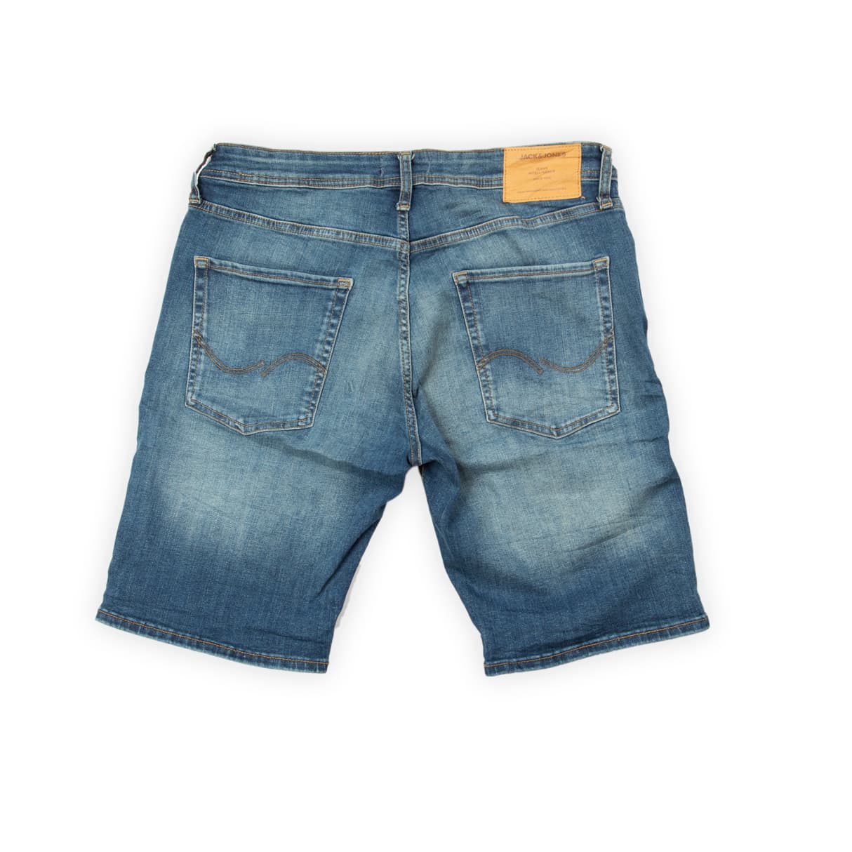 These classic denim shorts are a versatile and stylish choice for casual summer wear. They feature a medium blue wash with natural fading and whiskering, giving them a slightly worn-in look.