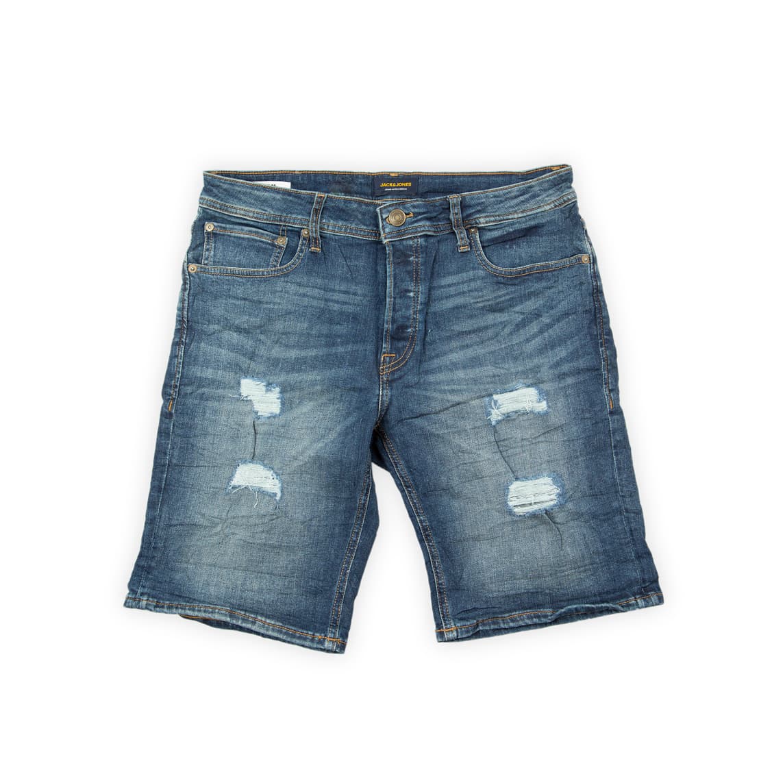 These versatile shorts are an excellent addition to any casual summer wardrobe. They feature a medium-to-dark blue wash with natural fading and subtle whiskering for a worn-in, vintage look.