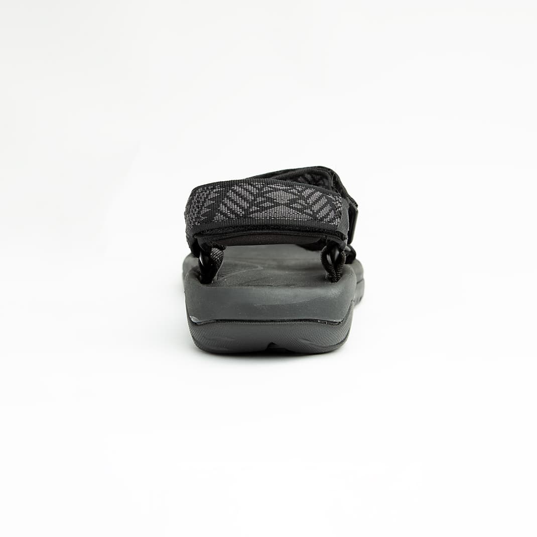 Black unisex outdoor sandals with patterned adjustable straps and rugged sole.