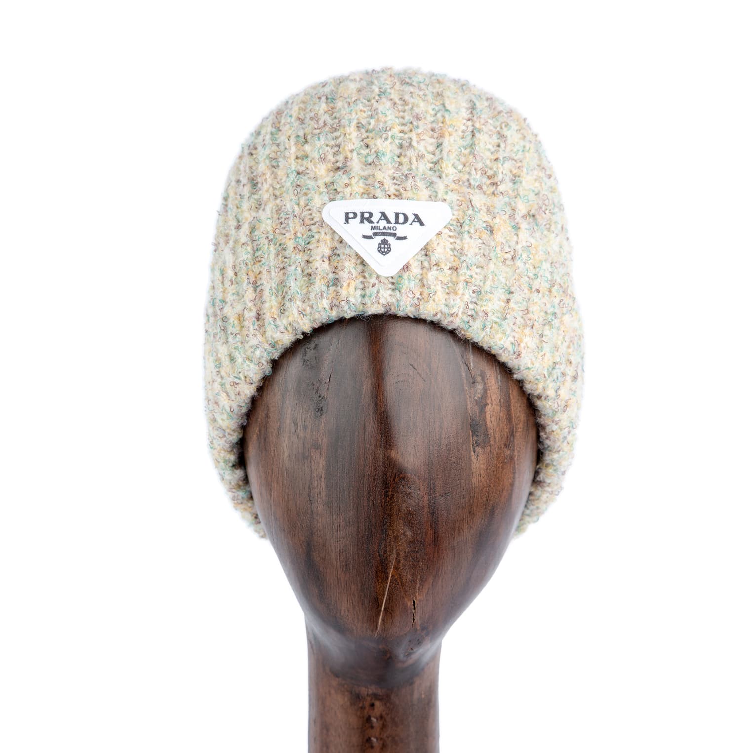 Ribbed Knit Wool-Blend Beanie Headwear in multicoloured pastel tones with iconic triangular  logo patch, perfect for winter fashion.
