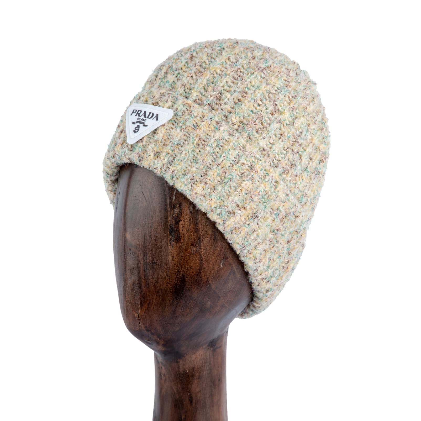 Ribbed Knit Wool-Blend Beanie Headwear in multicoloured pastel tones with iconic triangular  logo patch, perfect for winter fashion.