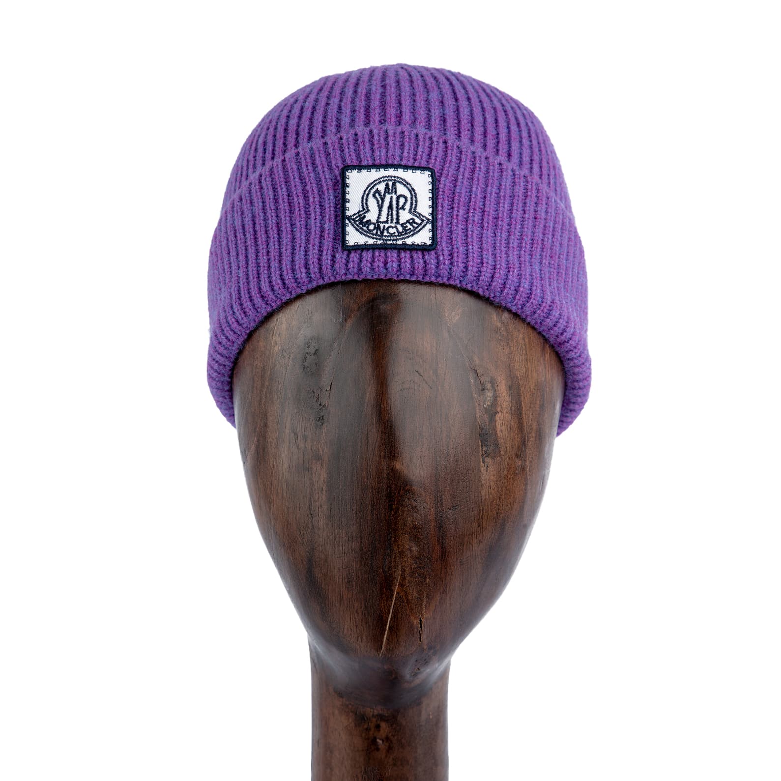 Ribbed Knit Wool Beanie in vibrant purple with iconic logo patch, designed for winter warmth and style