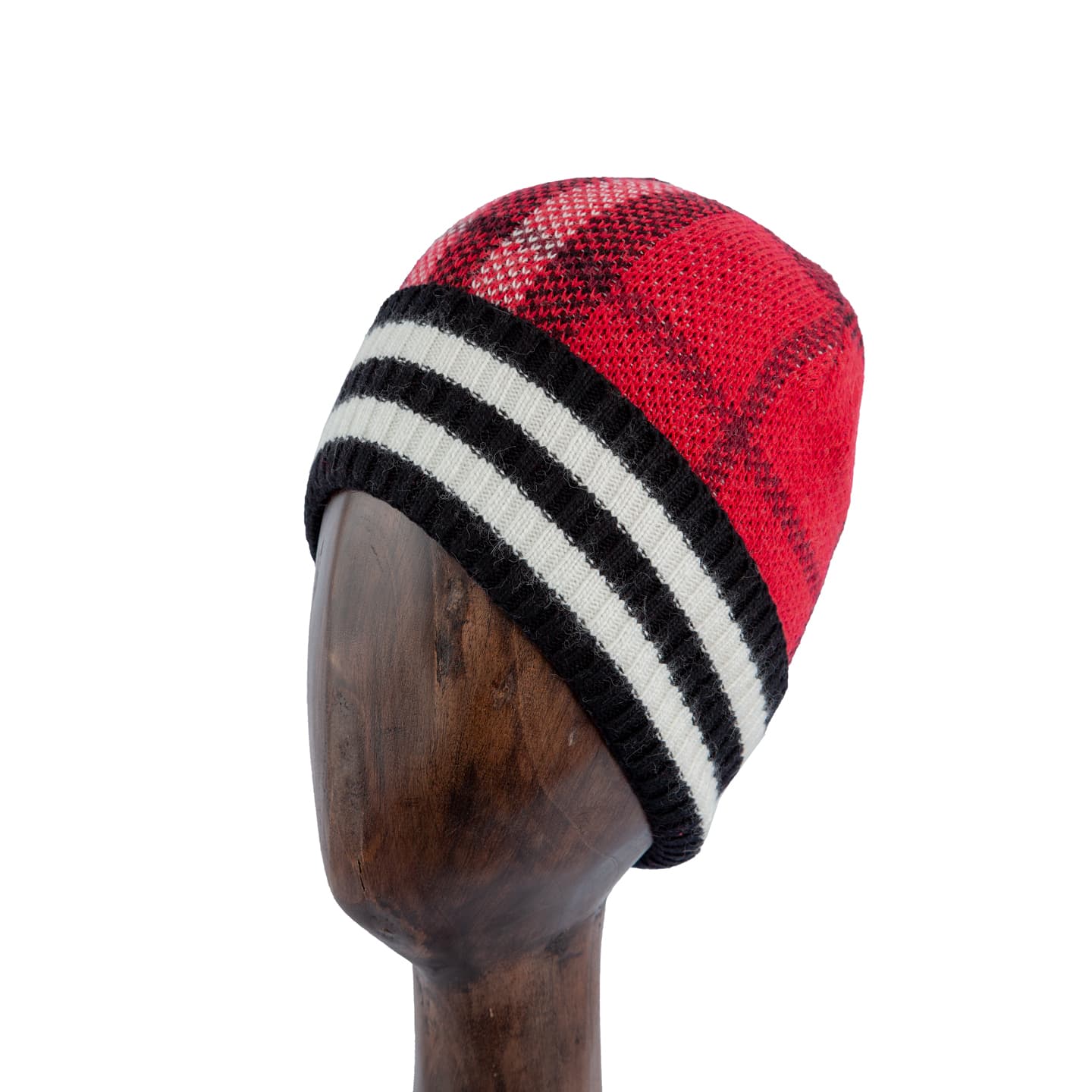 Red plaid wool knit beanie with black and white striped pattern, perfect for warmth and style during cold weather