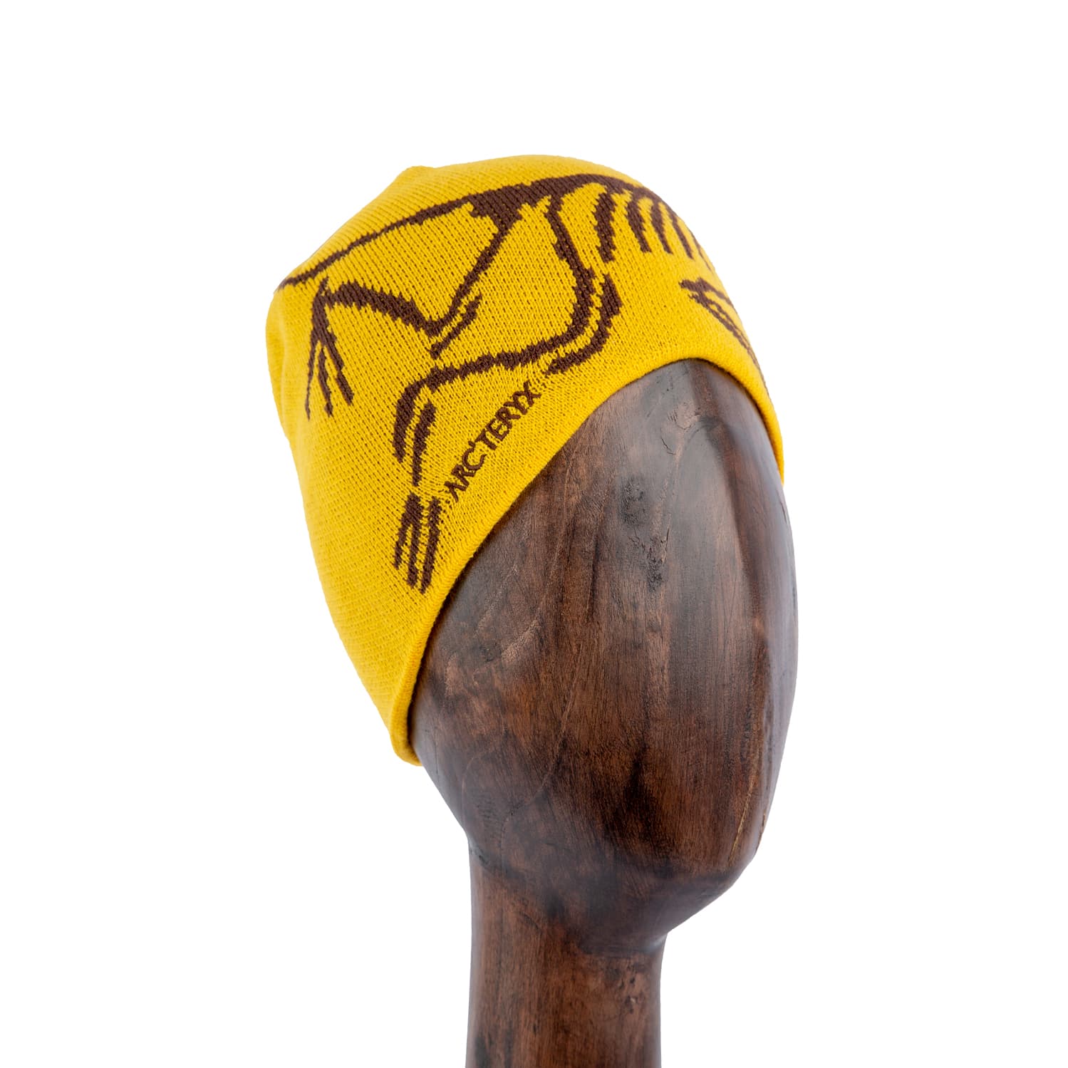 Yellow knit beanie with bold graphic pattern in dark brown
