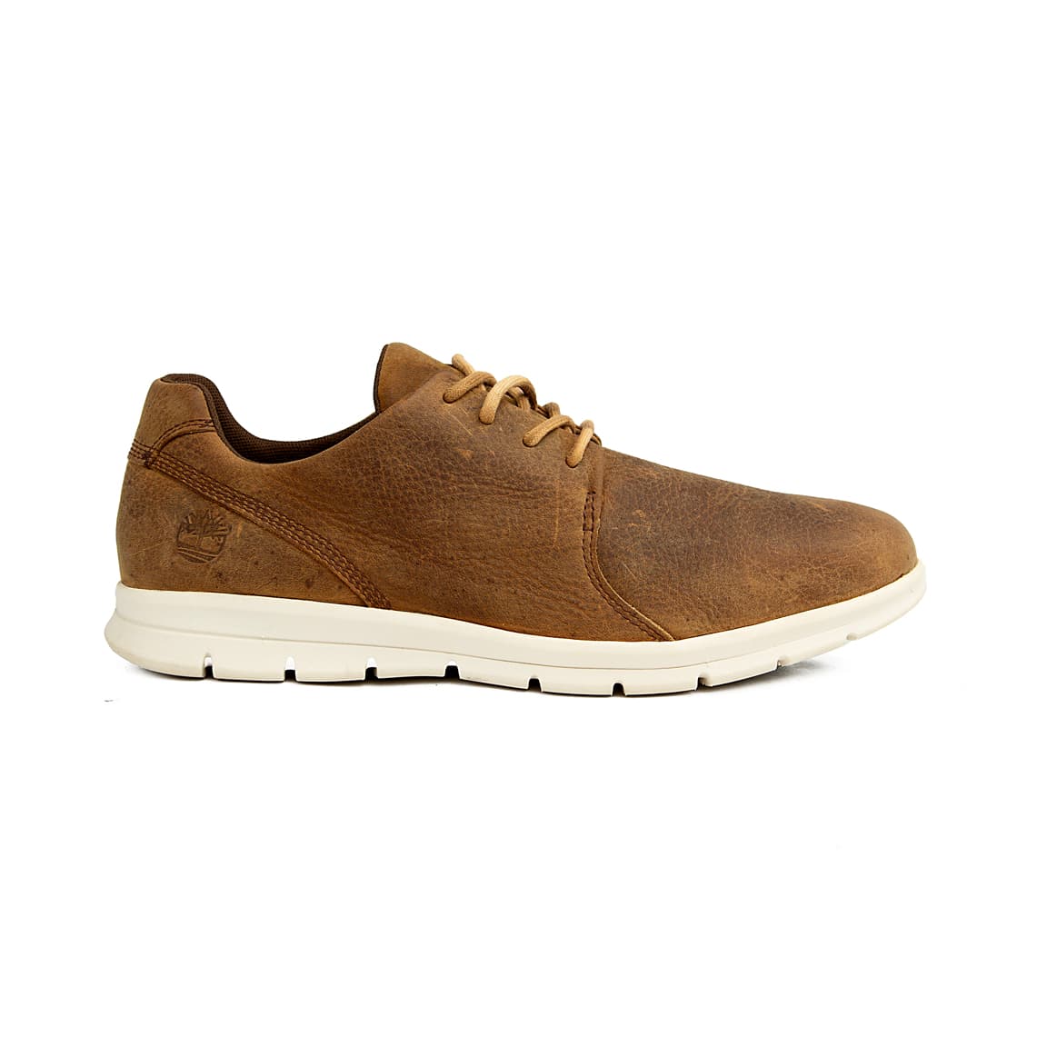 Brown leather casual lace-up shoes with white lightweight sole for men.