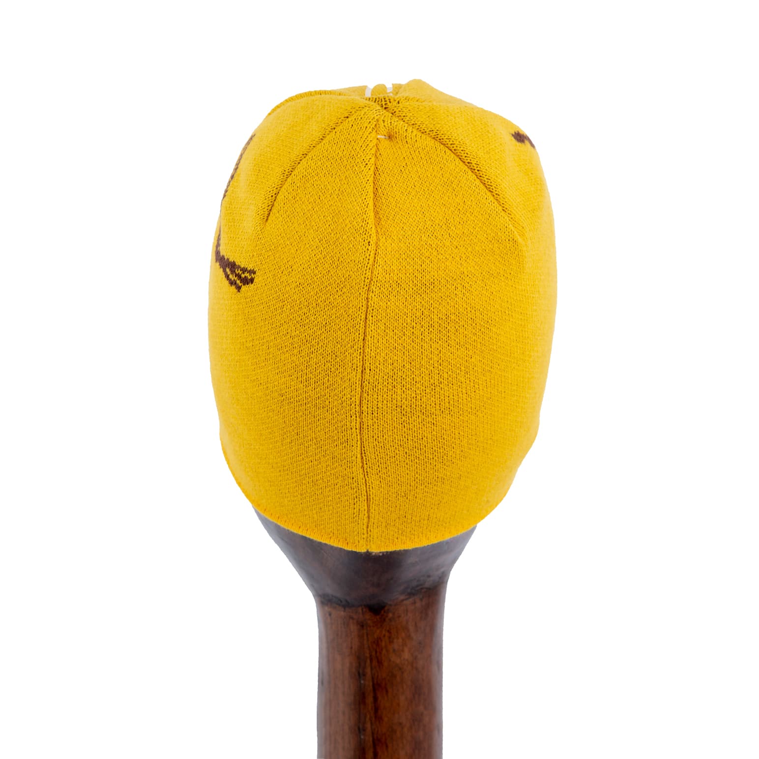 Yellow knit beanie with bold graphic pattern in dark brown