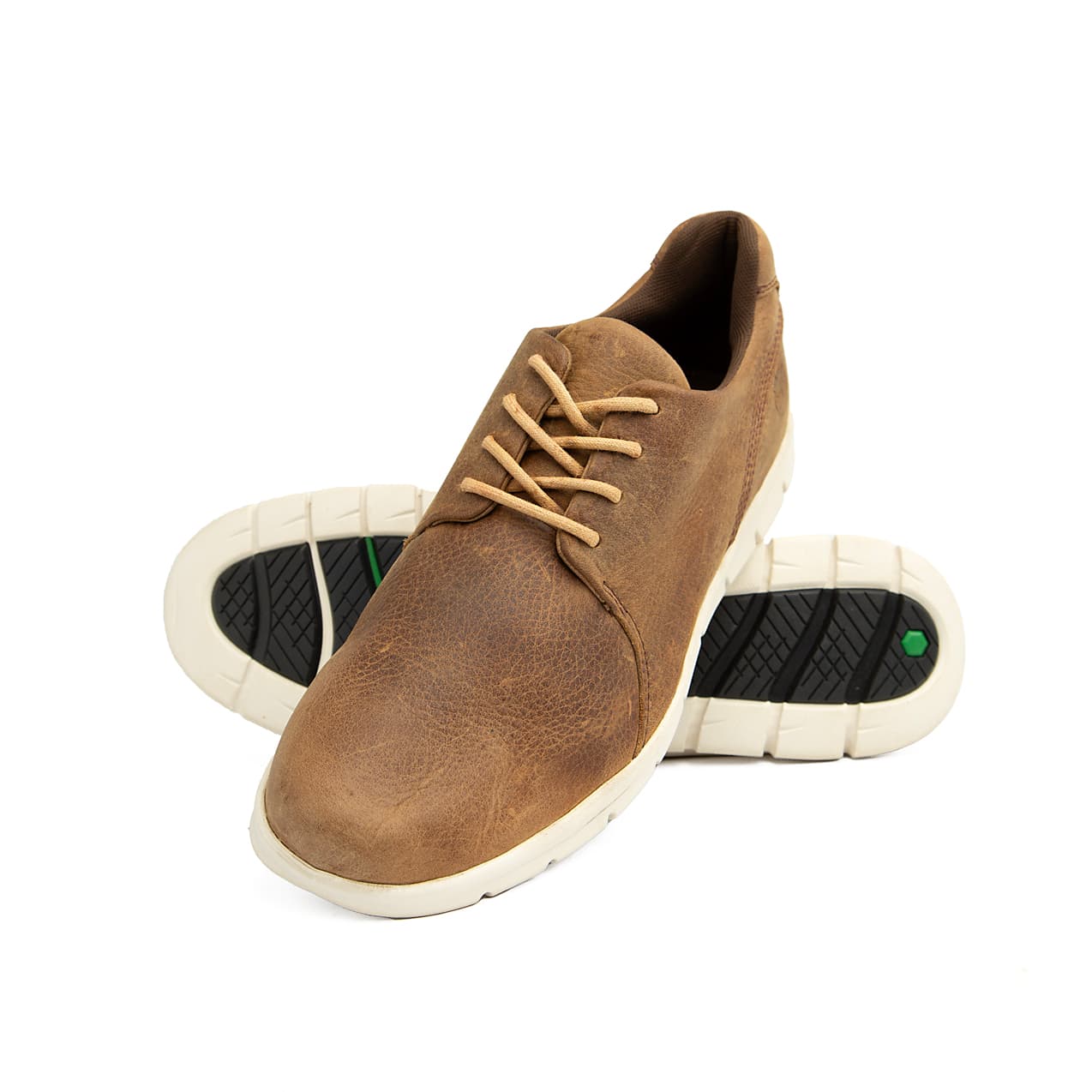 Brown leather casual lace-up shoes with white lightweight sole for men.